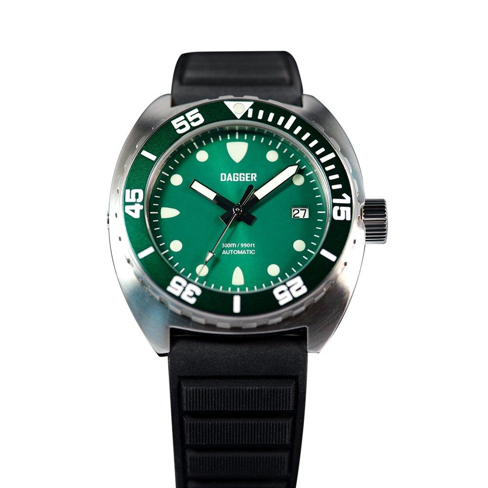 

Автоматичний годинник DAGGER LLB 300m Pro Dive, гелієвий клапан, сапфір, поворотний безель, гумовий ремінь із нержавіючої сталі, зелений зелений