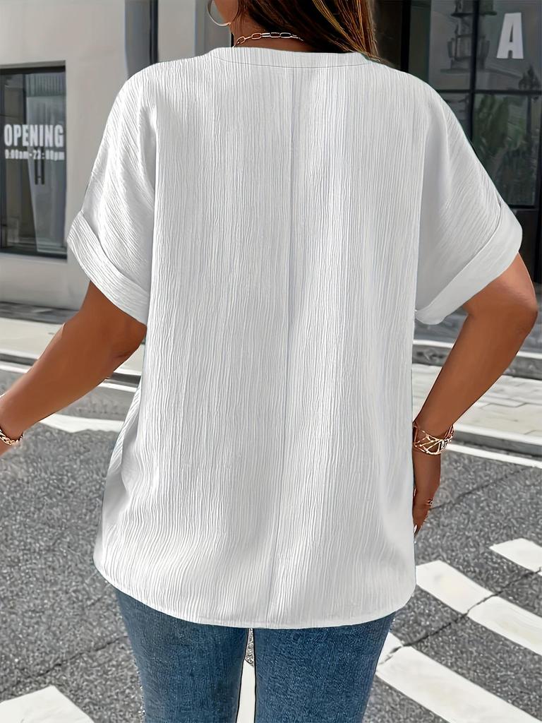 Plus Size Women's Solid V-Neck Buttoned Short Sleeve Top - Comfortable & Loose Fit, 2025 Collection.
