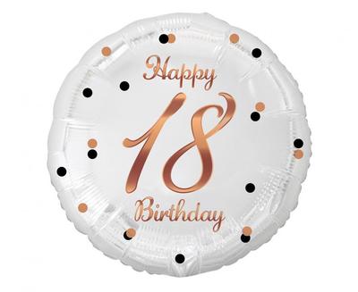 B&C Happy 18 Birthday Foil Balloon, White, Rose Gold Print, 18" | FG-O18B