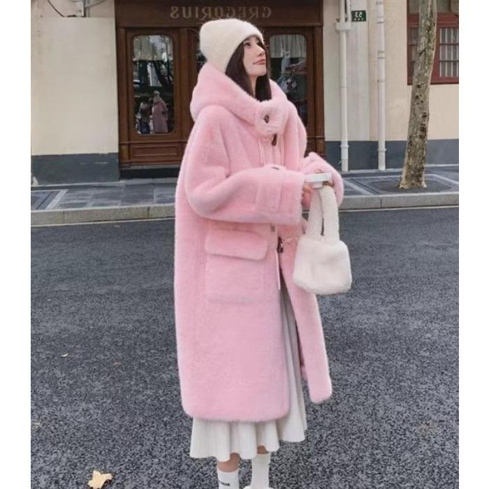 Zimní kabát z jehněčí kožešiny pro ženy s kapucí, dlouhá bunda z umělé kožešiny, teplé zahuštěné plyšové svrchní oblečení, roztomilý styl