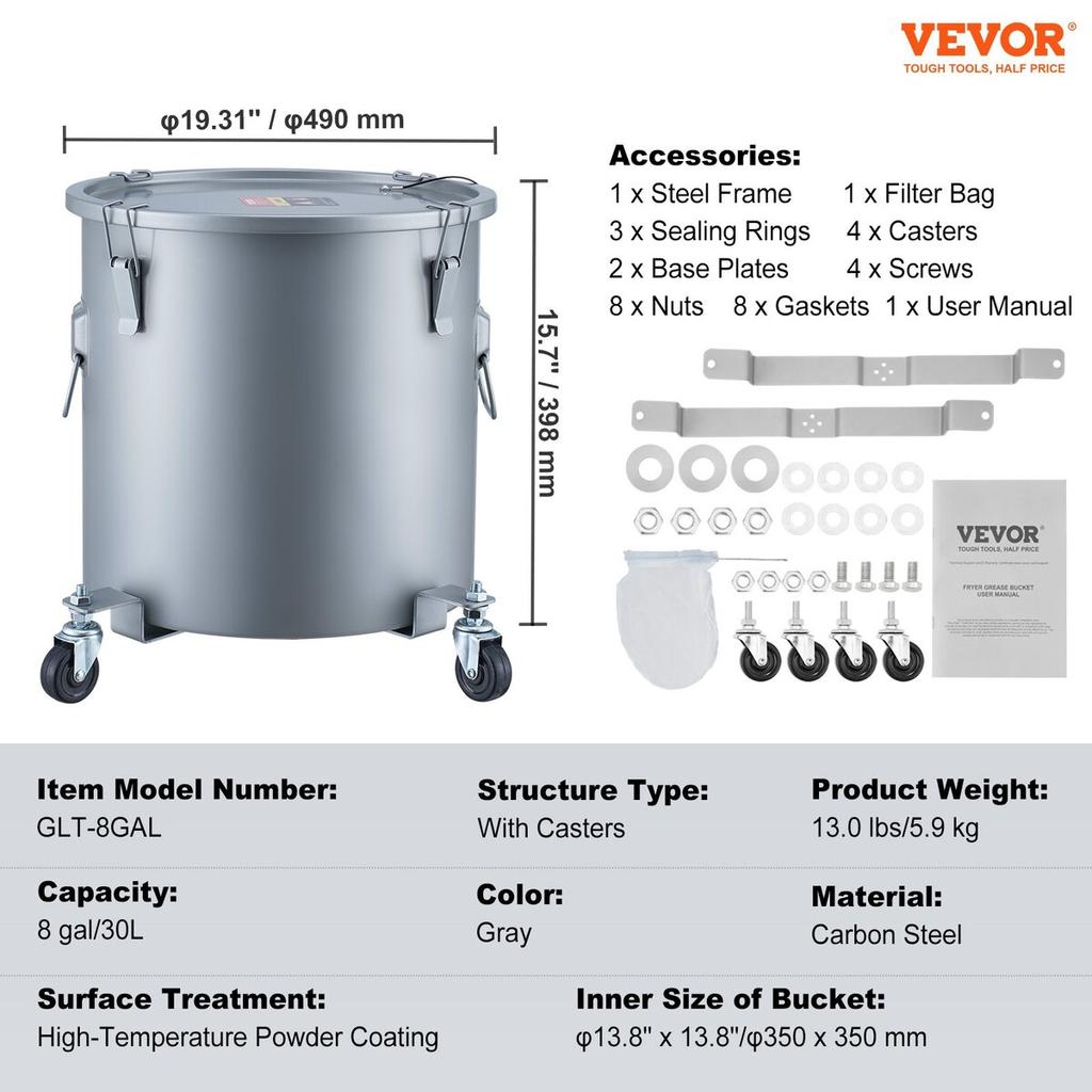Fryer Grease Bucket, 8 Gal Oil Disposal Caddy with Caster Base, Carbon Steel with Rust-Proof Coating, Oil Transport Container with Lid, Lock Clips,