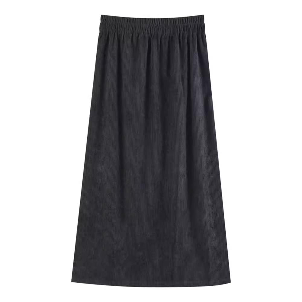 2024 Autumn/Winter Women's High-Waist Slimming Corduroy Midi A-Line Skirt - Korean Style