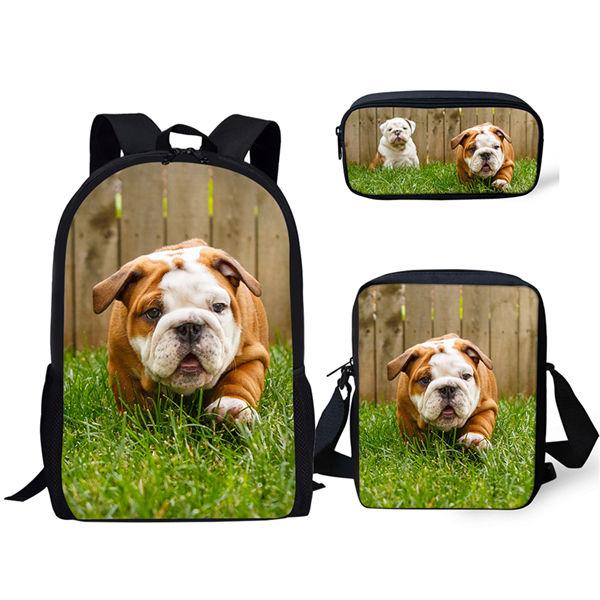 Classici Cuccioli di Bulldog Animali Carini Stampa 3D 3pz/Set zaini per studenti Zaino per Laptop Zaino a spalla inclinata Astuccio