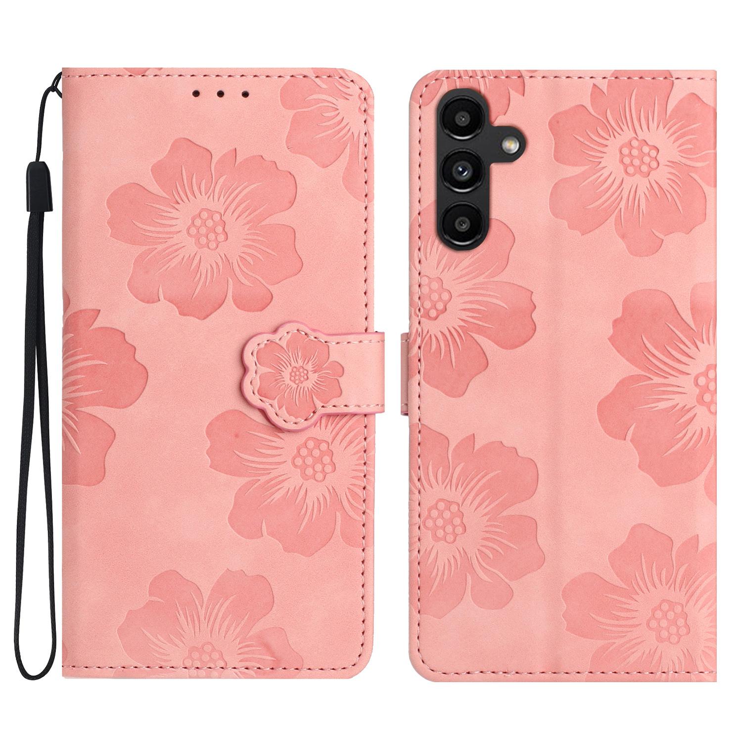 

For Samsung Galaxy A36 5G Case Flower Design Leather Wallet Phone Cover with Wrist Strap Pink