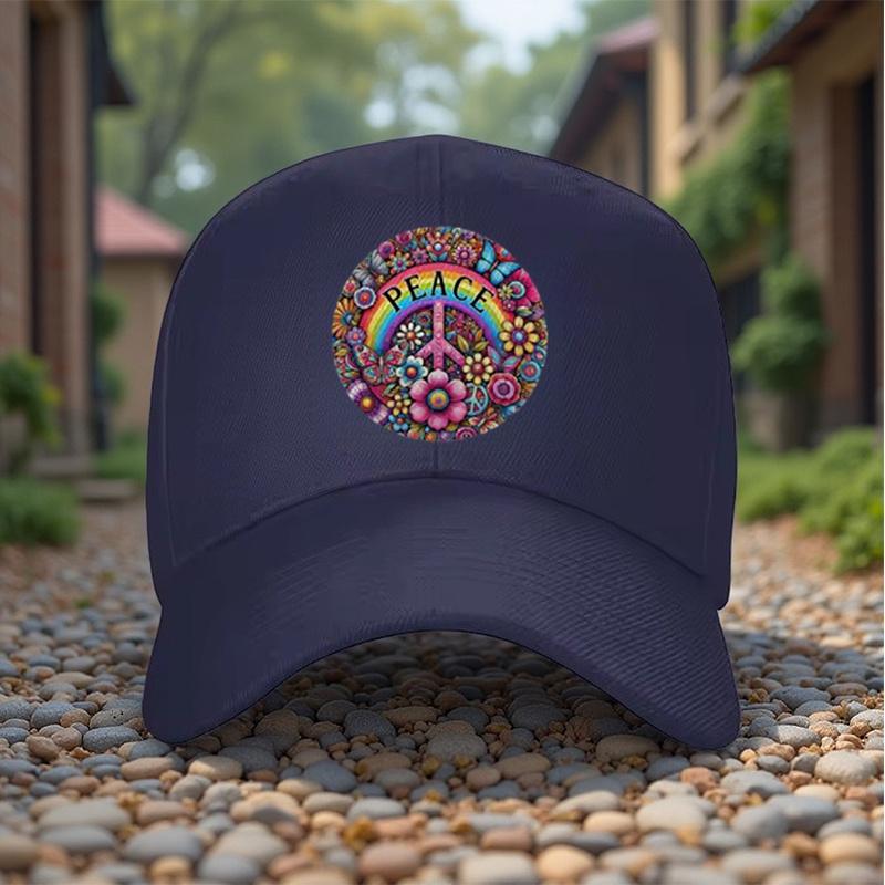 Peace Sign Hippie Rainbow Floral Print Baseball Cap Unisex Cotton Adjustable Casual Summer Hat
