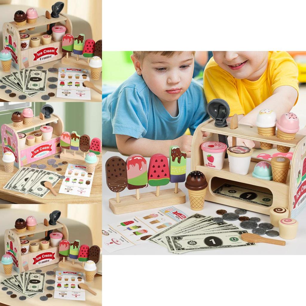 Wooden Childrens Play Kitchen Ice Cream Stand With Interactive Design For Kids Gift