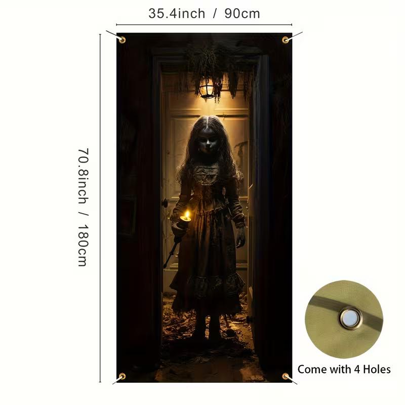 2D Halloween Haunted Girl Door Banner, Scary Spooky Party Decor