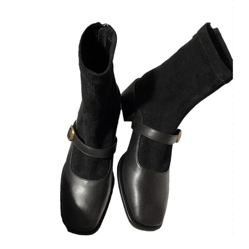 Suede Women Chunky Ankle Boots Mid Heels Fashion Leather Shoes Woman 2025 Trend Goth Chelsea Boots Pumps New Muejr Snow Botas