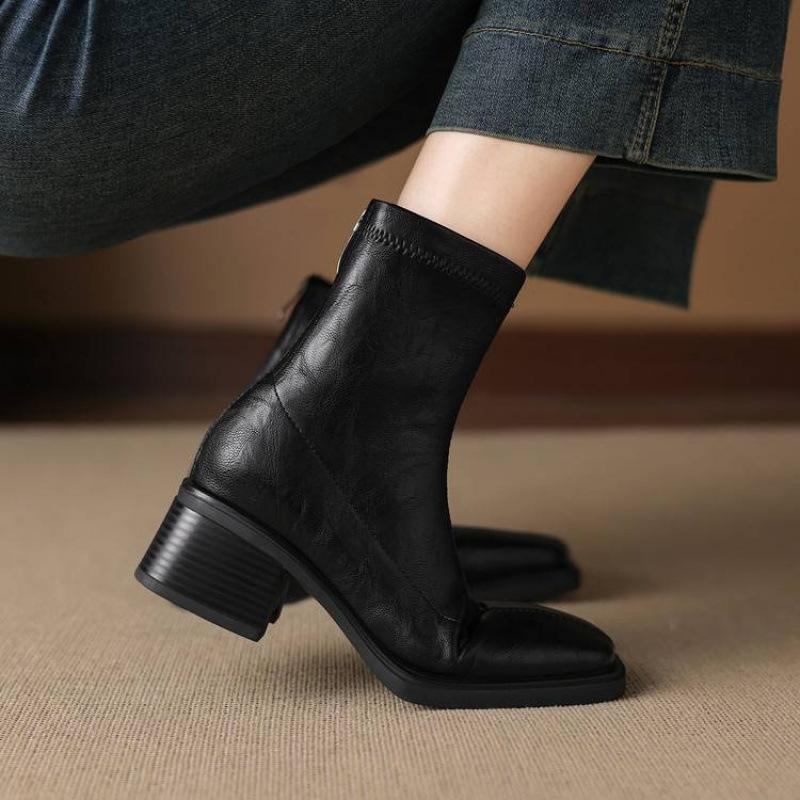 New Korean Version Leather Women's Medium Boots Rear Zipper Large Size Women's Boots Round Head Square Heel Comfortable Rubber Sole Martin Boots