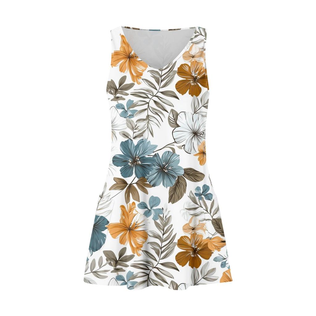 Women's Casual Fashion V-neck Sleeveless Floral Print Side Pocket Dress