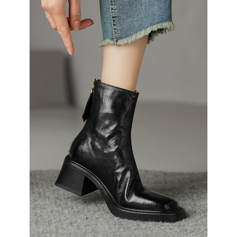 French retro thick heel short boots women's 2026 autumn and winter new square head high heel boots slim Martin boots single boots