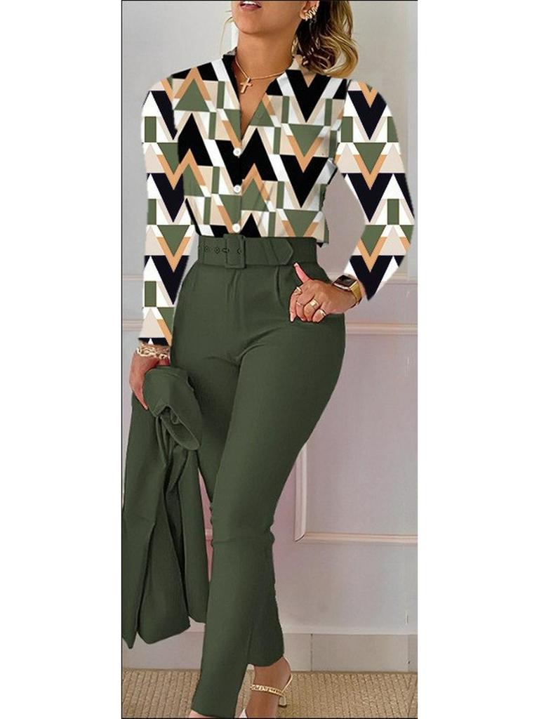 Printed Long-Sleeve Top & Solid Color Pants Suit with Belt