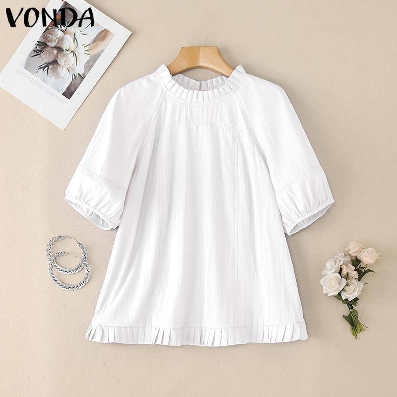 

VONDA Women Ruffled Neck Short Sleeve Solid Casual Blouse Tops XL