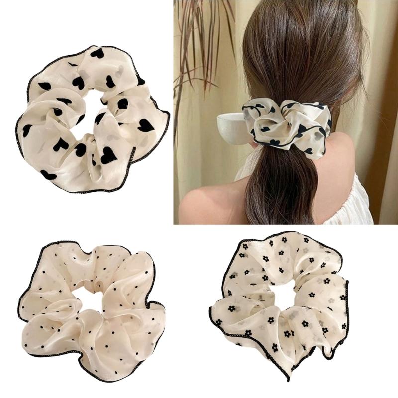 Soft Fabric Scrunchies Hair Tie For Women Girls Round Dot Floral Heart Design Elastic Hair Accessories No Metal Part