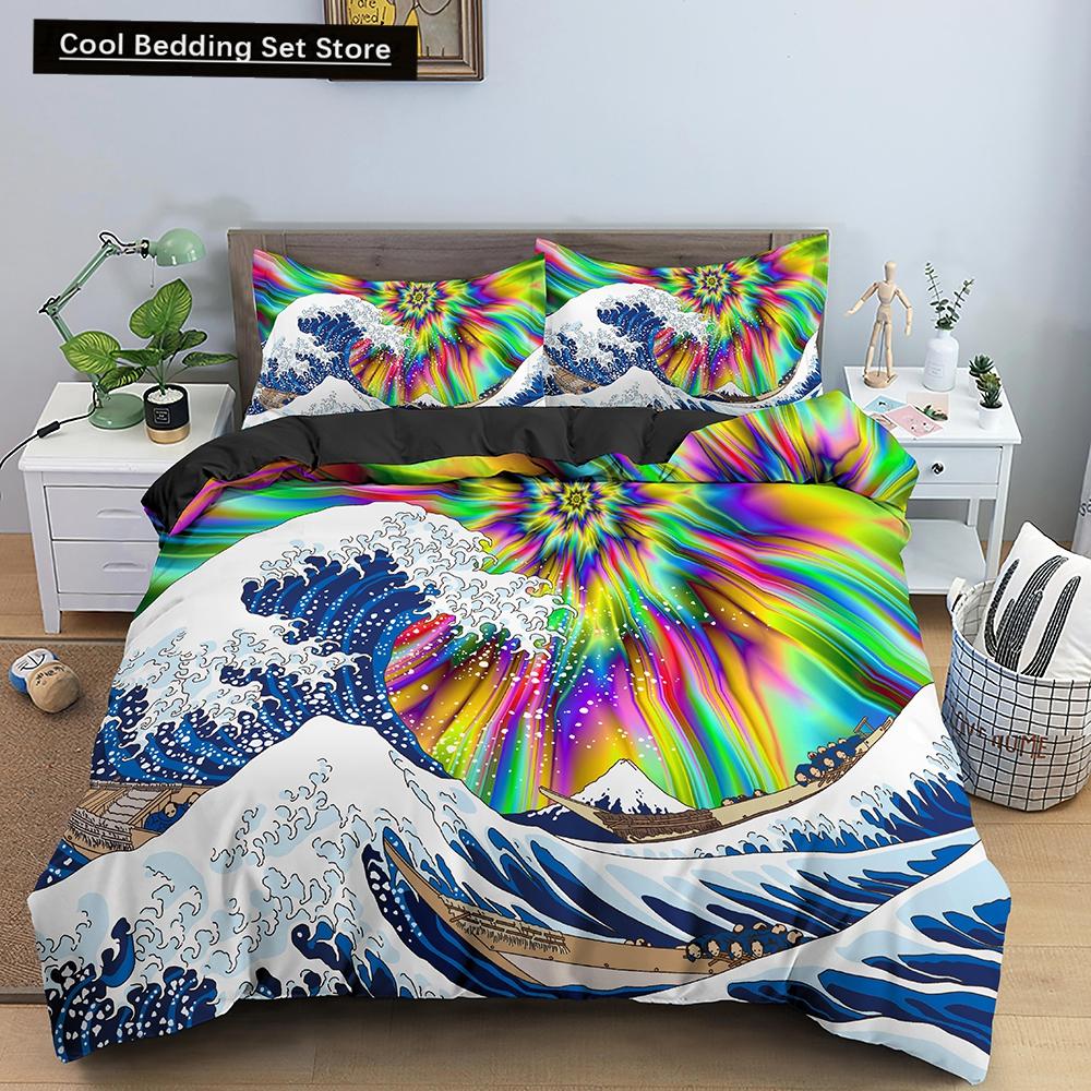 Ozeanwelle Bettwäscheset 3D Abstrakte Kunst Bettbezug King/Queen Größe mit Kissenbezug Aquarellstil 2/3-teilig Polyester Steppdeckenbezug