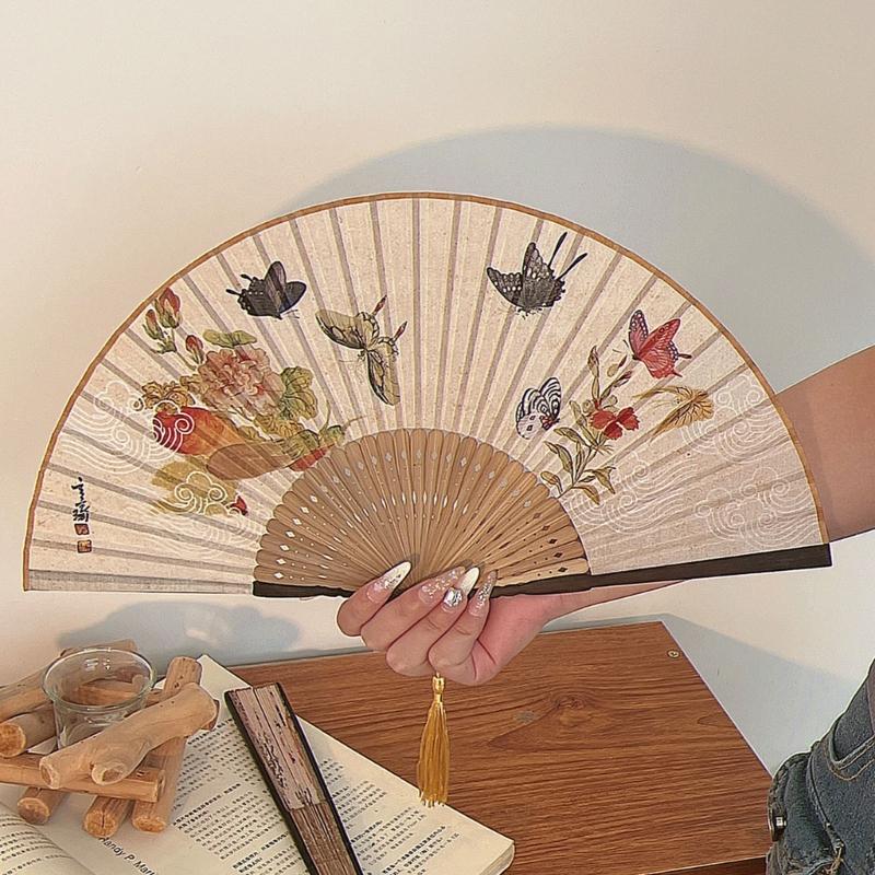Vintage Chinese Cheongsams Folding Fan with Butterfly Flower Pattern Wood and Cotton Linen Handheld Fan with Tassels