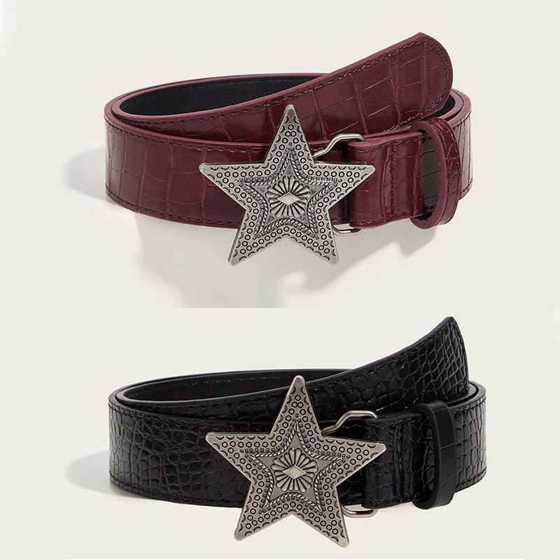 Width 3.3cm Hip-hop Retro Ladies Belt Gothic Punk Five-pointed Star Buckle Pu Leather Girdle Rock Popular Red Waistband