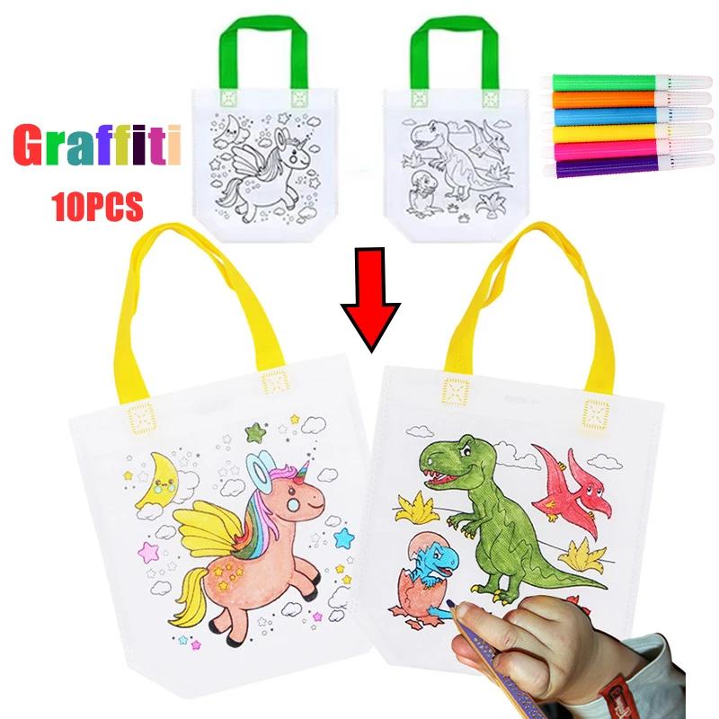 1-10Pcs Sets Diy Graffiti Bag With Markers Handmade Painting Non-Woven Bag For Children Arts Crafts Color Filling Drawing Toys
