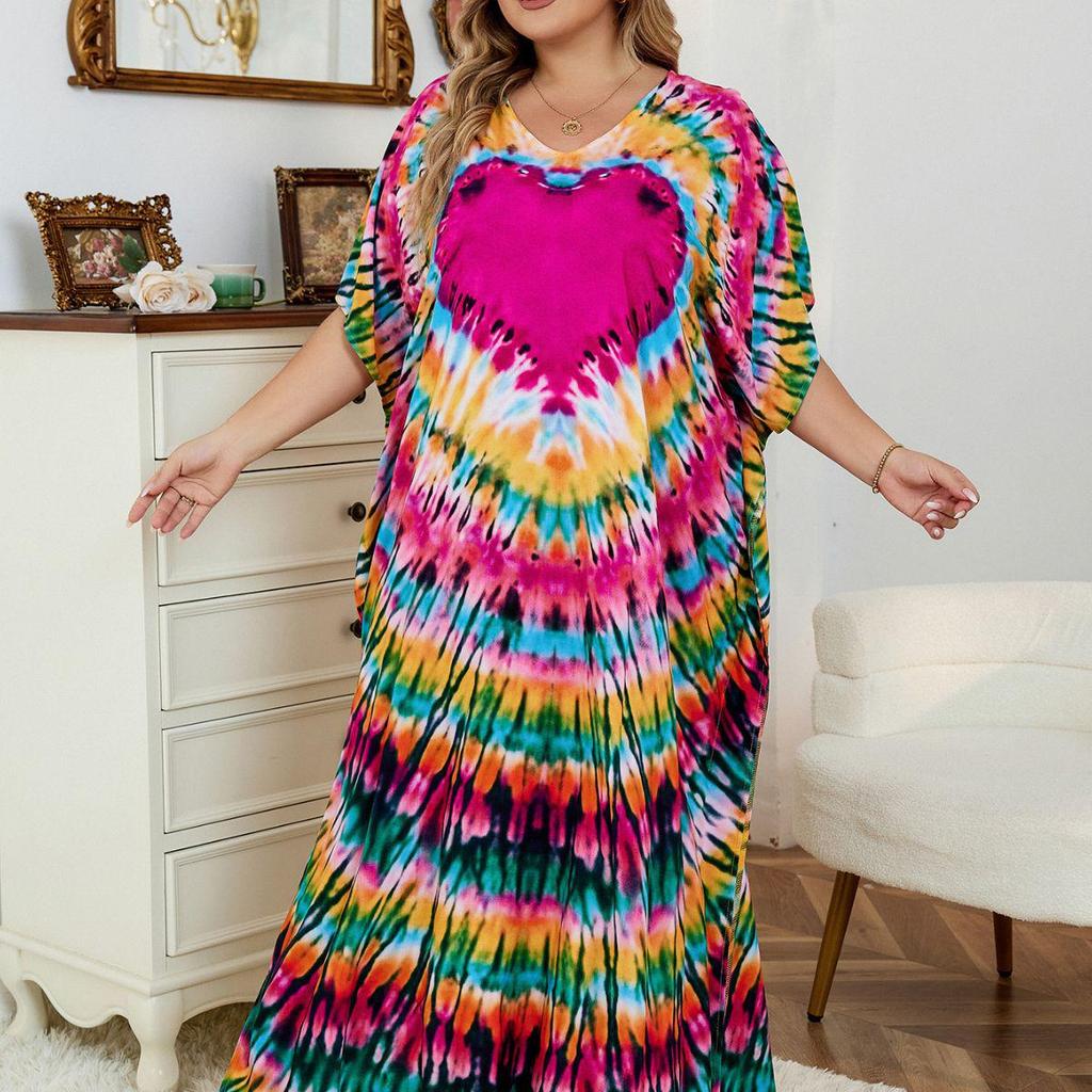 European & American Rose Red Heart Rayon Beach Robe: Loose Vacation Bikini Cover-up