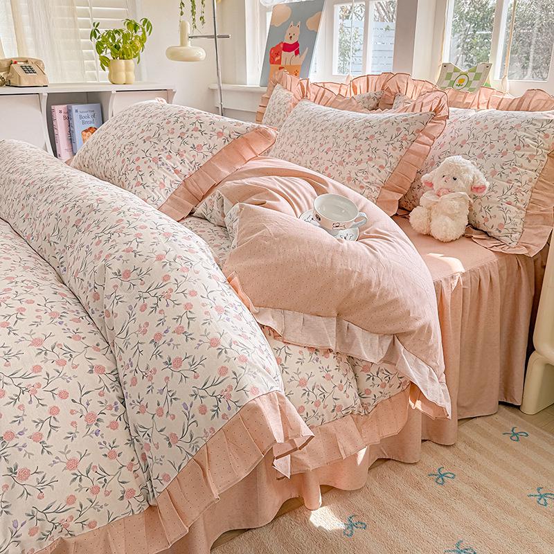 Fairy-Style Cotton Ruffled Bed Skirt & Pastoral Duvet Cover Set