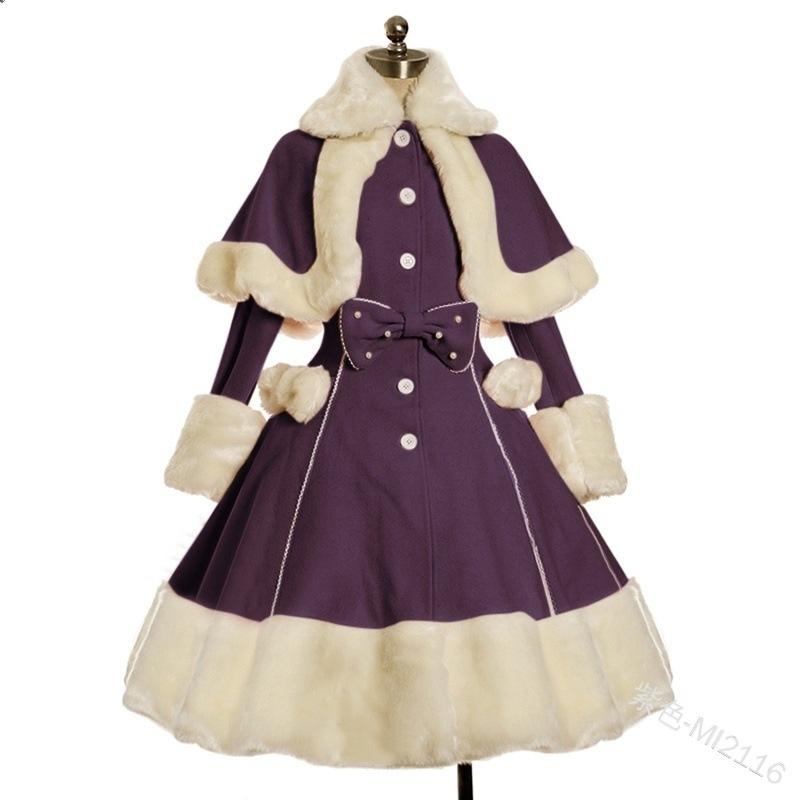 

Autumn and Winter Women s Dress Lolita Dress Girl Skirt Winter Burr Lapel Cape Waist Closing Thickened Princess Dress Vintage Lolita Dress XS