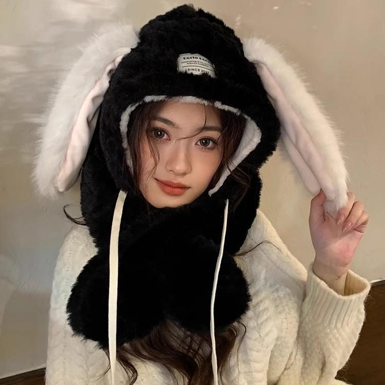 Niedliche Plüsch-Hasenohrmütze für Damen im Herbst und Winter, verdickte koreanische Version, die das Gesicht klein zeigt, warm und vielseitig, Schal-Mütze mit Ohrenschutz