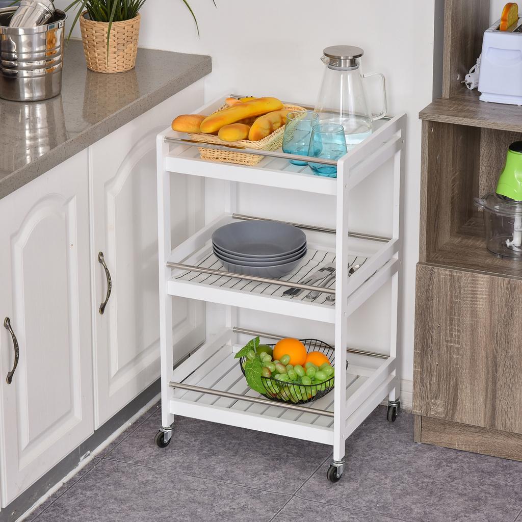 Wooden Kitchen Serving Trolley with 3 Shelves and Wheels, 45x38x78cm, White