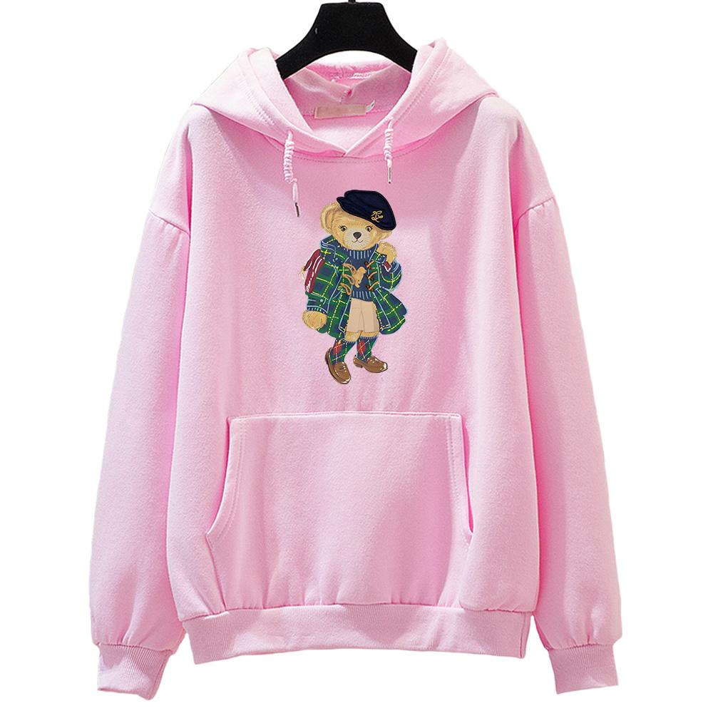 Cute Bear Printing Hoodies Women Trendy Sweatshirts Winter Fleece Clothing Comfortable Casual Long Sleeve Oversized Pullovers
