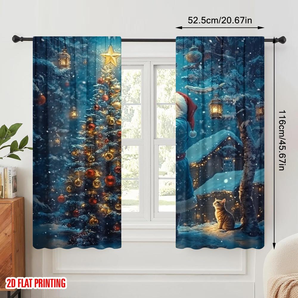2pcs,2D Plane Printing Minimalist Curtains Father Christmas Decorating Tree Polyester Easy Install (without Rod) Art Deco