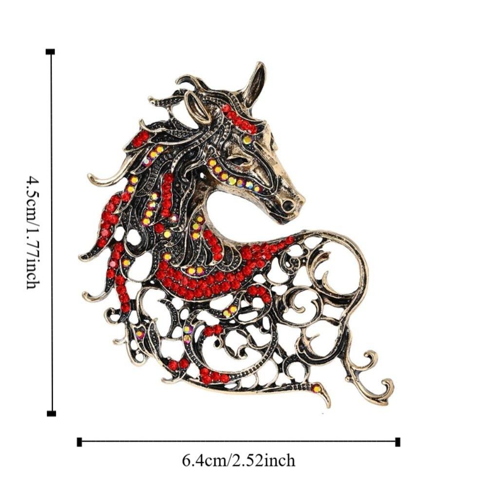Hollow Out Rhinestone Horse Head Brooches Vintage Metal Badge Pin New Year Gifts