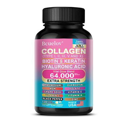 Bcuelov 14 en 1 cápsulas de colágeno 64000MCG que contienen tipo I II III V X biotina queratina para cuidado de la piel cuidado del cabello armadura y protección de articulaciones 120 cápsulas