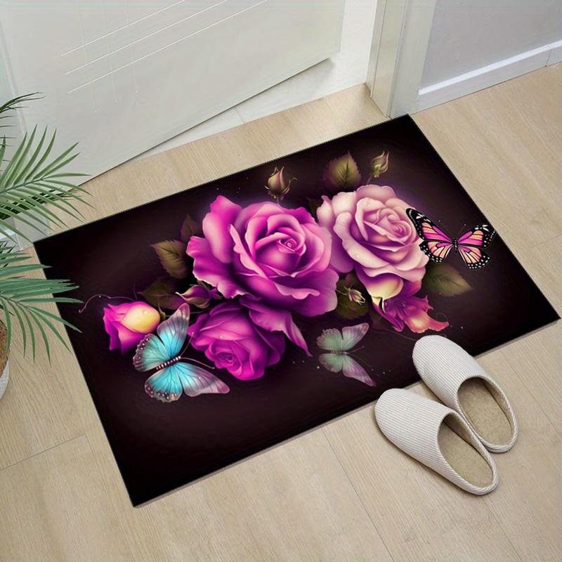 Purple Roses and ButterfliesAreaRugRomanticFloral Design for LivingRoomSoft Indoor Carpet Anti slip carpet can be machine washed