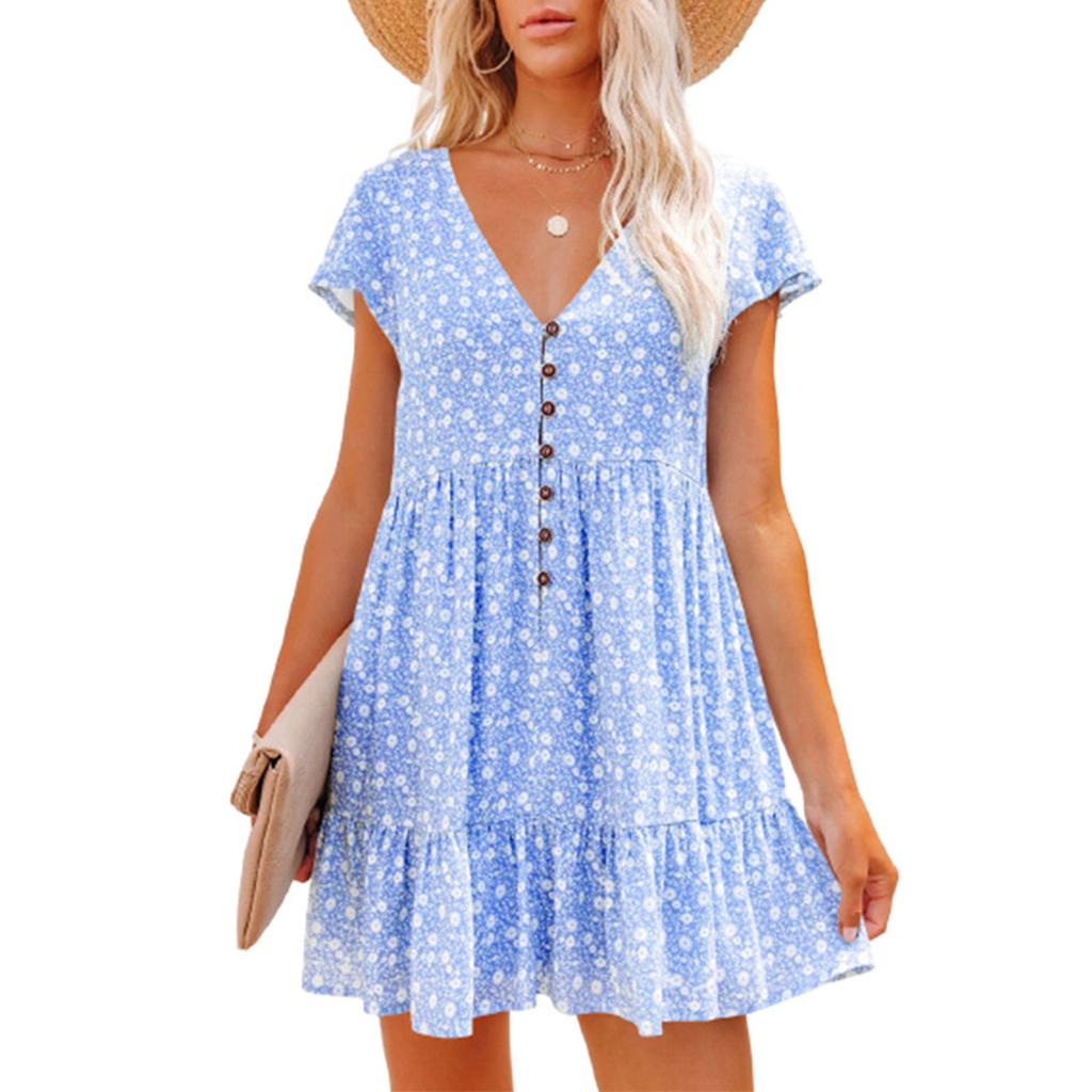 Fashion Women V Neck Button Floral Dress Short Sleeve Loose Casual Dress