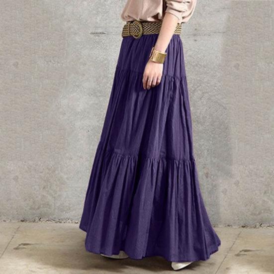 Women Maxi Skirt High Waist Ruffle Splicing Large Hem Long Skirt Pure Color