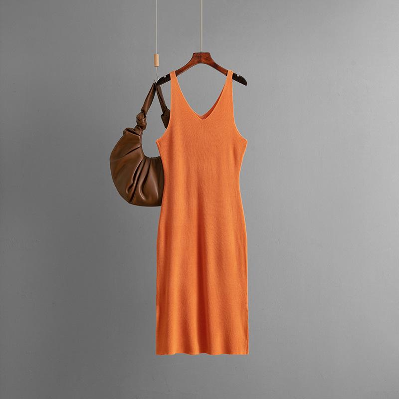 Sommer Dünnes Neckholder Kleid, V-Ausschnitt Ärmelloses Westenkleid, Saumschlitz Basis Strickkleid für Damen