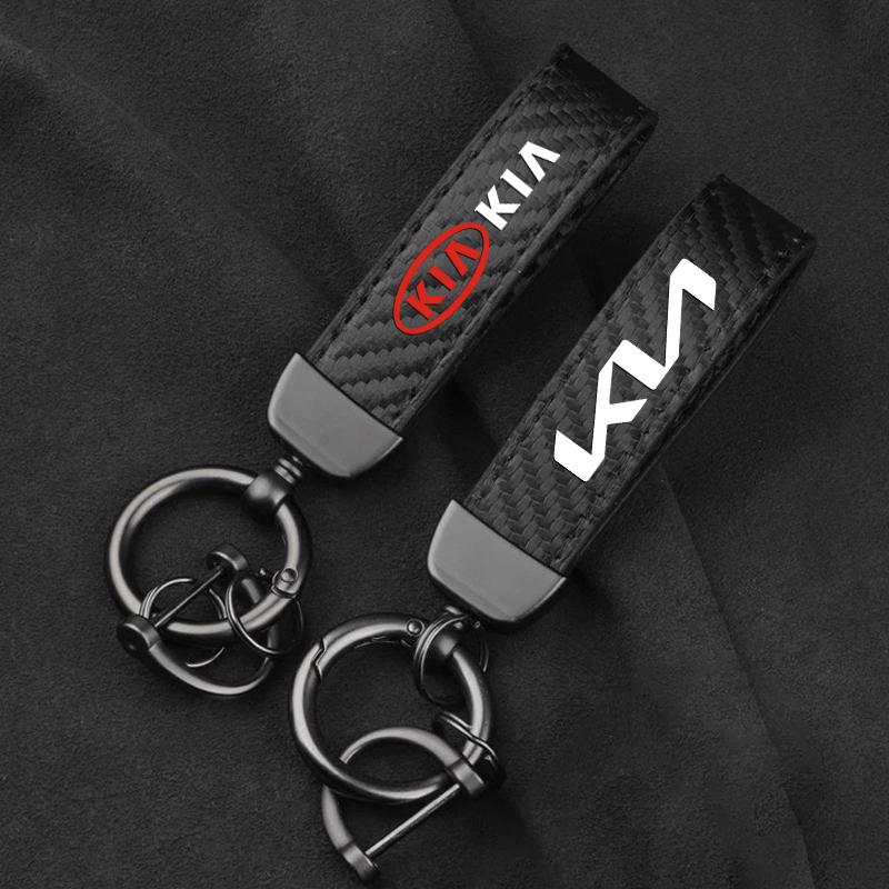 YBVX3 Carbon Leather Luxury Car Logo Keychain Zinc Alloy Emblem Keyring For KIA EV6 Stinger RIO Sorento Picanto Ceed Borrego Syros K4