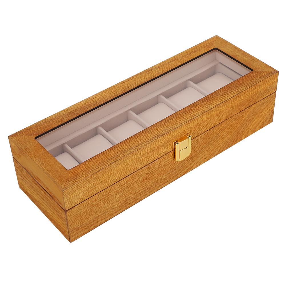 Wooden 6 Grid Watch Display Box Transparent Window Watch Storage Box Case