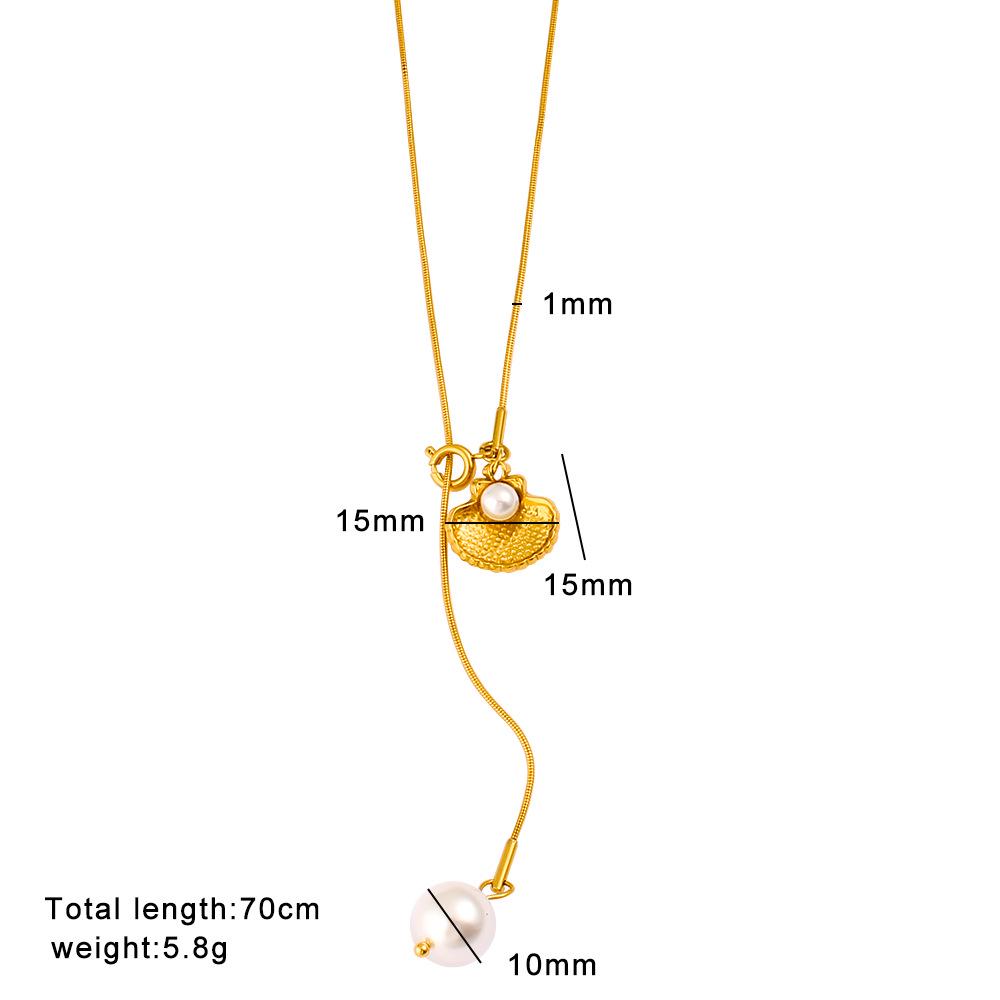 18K Gold Pearl Heart Pendant Zircon Y-Shaped Long Necklace, Double Layer Stackable Titanium Steel
