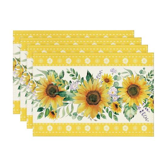 4Pcs Linen Sunflower Placemats Reusable Dining 18x12 Inch Table D
