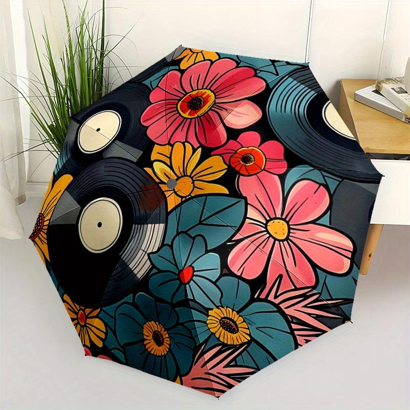 1pc Vinyl Flowers Automatic Open/close Folding Compact Umbrella, 8-Rib Sturdy Canopy, Lightweight Portable, Everyday Use, Gift, Outdoor Umbrella, Trav