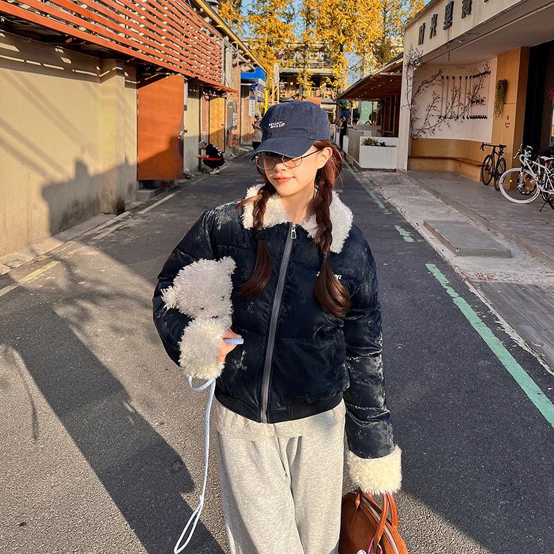 

Winter new lamb wool lapel cotton clothes women s retro short cotton clothes bread clothes student coats tide M тёмно-синий