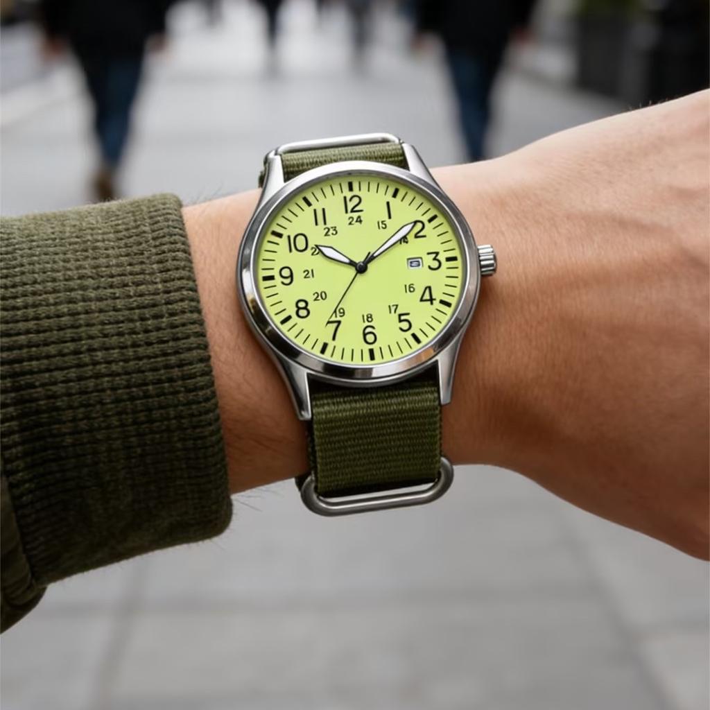 Casual Woven Nylon Strap Men'S Watch Outdoor Sports Full Luminous Double Calendar Military Watch Watch