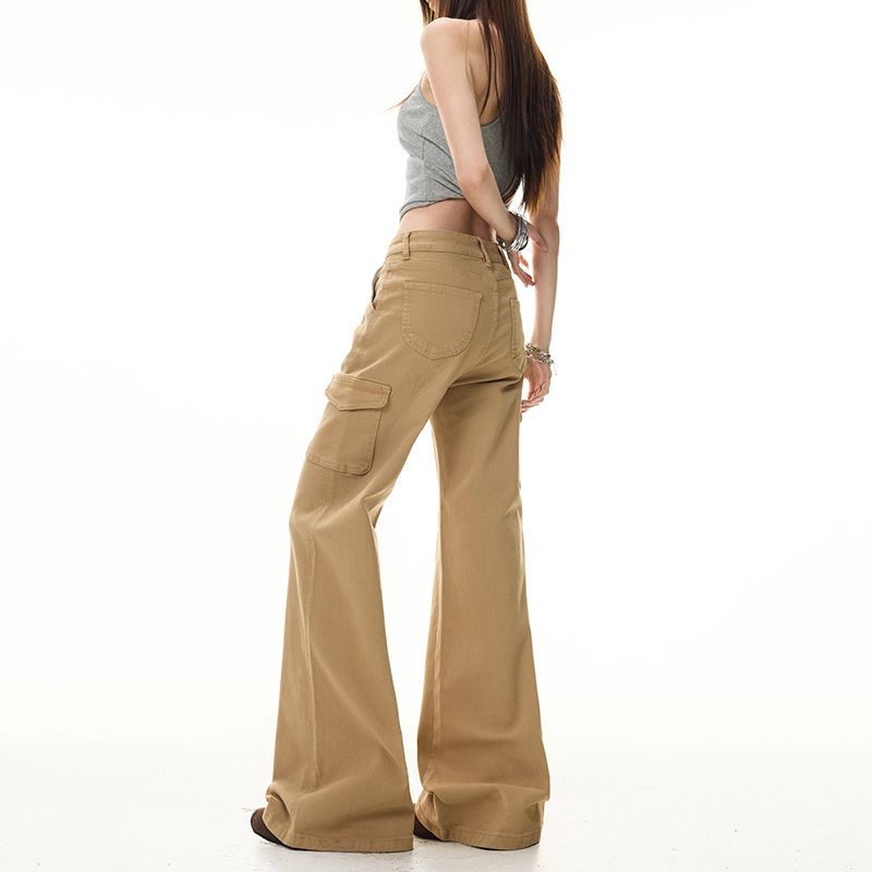 Spring Summer Classic Khaki Big Pocket Low Waist Cotton Stretch Casual Cargo Denim Pants For Ladies Casual Pants Oversize Denim Trousers