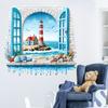 3D Faux Window Lighthouse Seascape Wall Sticker Self-Adhesive Removable Mediterranean Style Living Room Bedroom Background Wall Home Decor