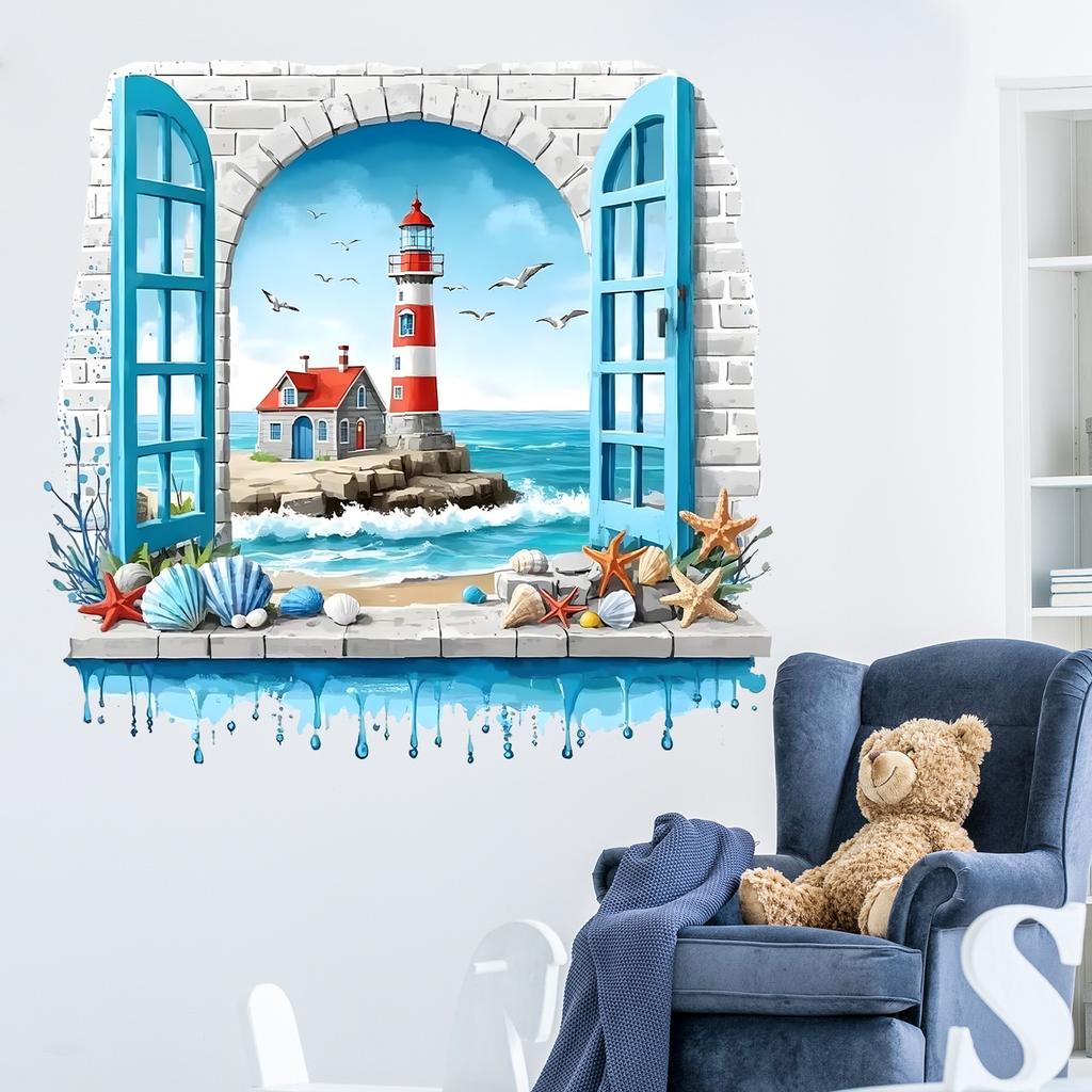 3D Faux Window Lighthouse Seascape Wall Sticker Self-Adhesive Removable Mediterranean Style Living Room Bedroom Background Wall Home Decor