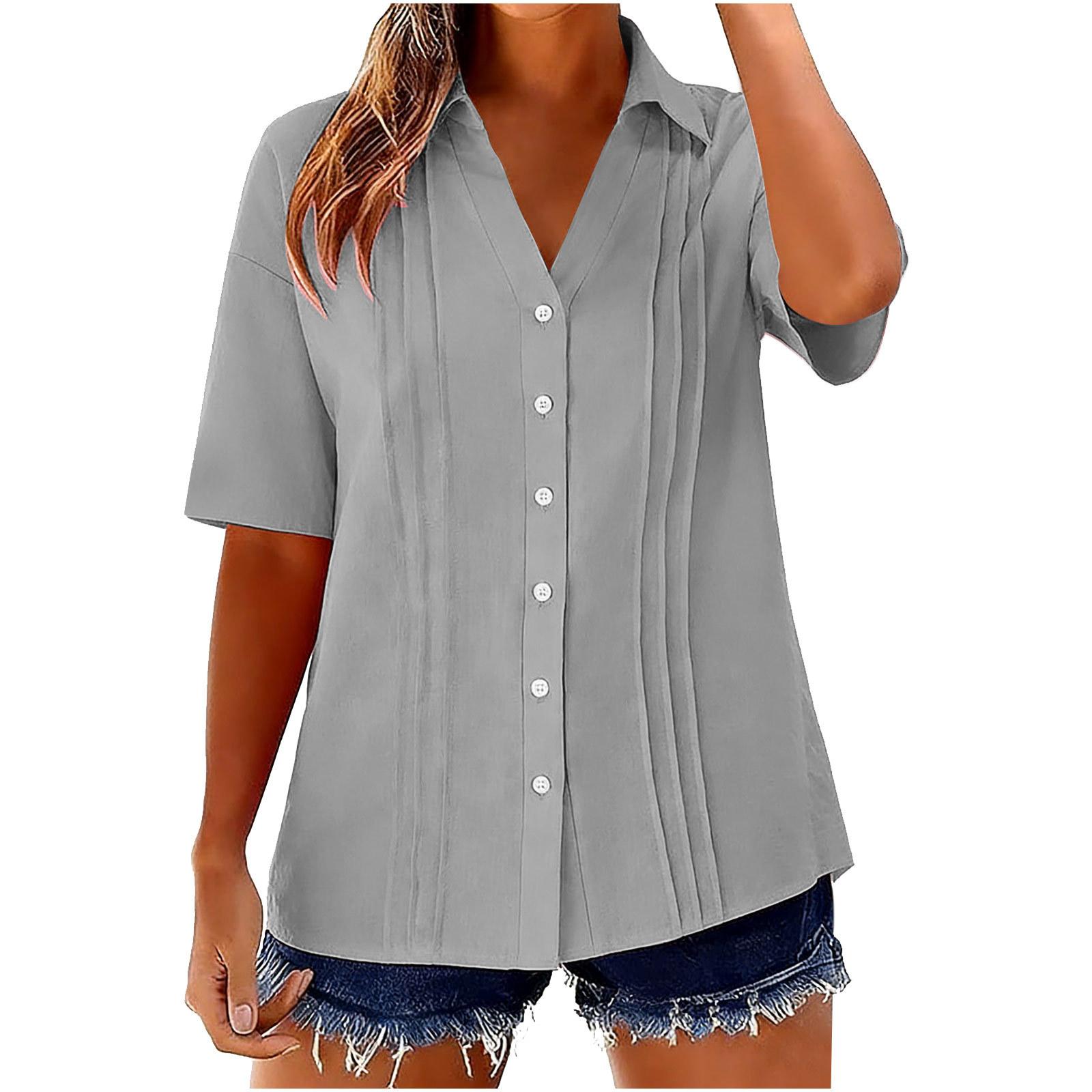 Women s Fashion -Color Cotton-Linen Collared Shirt: Short-Sleeve Button-Down Pleated Top XL