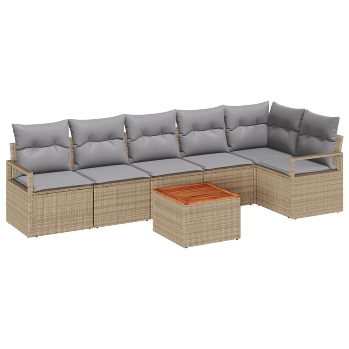 Ensemble de canapé de jardin 7 pièces avec coussins beige poly rattan acacia, Sofa de jardin 2 places avec rangement 3356383