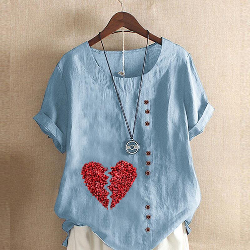 Women's Fashion Red Love Prined Short Sleeve T-shirt Loose Cotton Shirt Casual Loose Summer Blouse Tops Plus Size