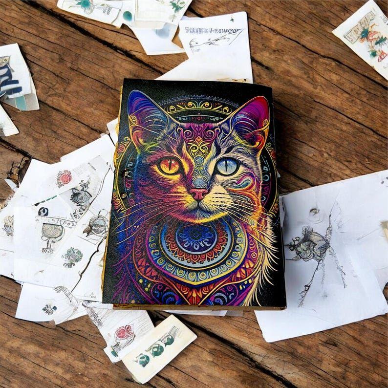 Colorful Cat Leather Notebook – Handcrafted Vintage Leather Diary