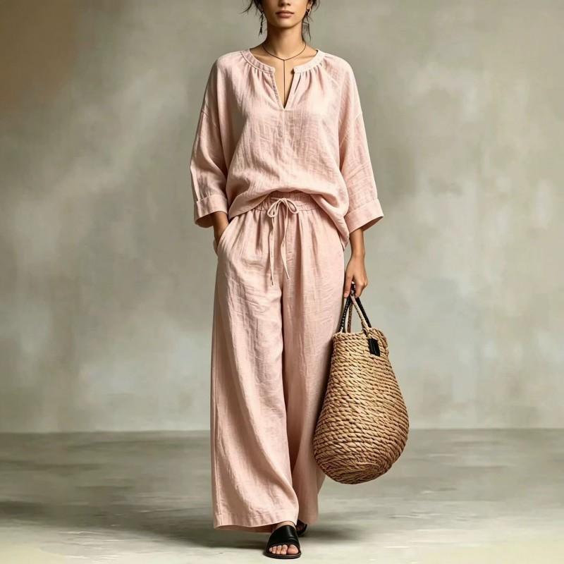 Womens Cotton Linen Set 2026 V-Neck 7/8 Sleeve Top With Drawstring Wide Leg Pants Casual Outfit